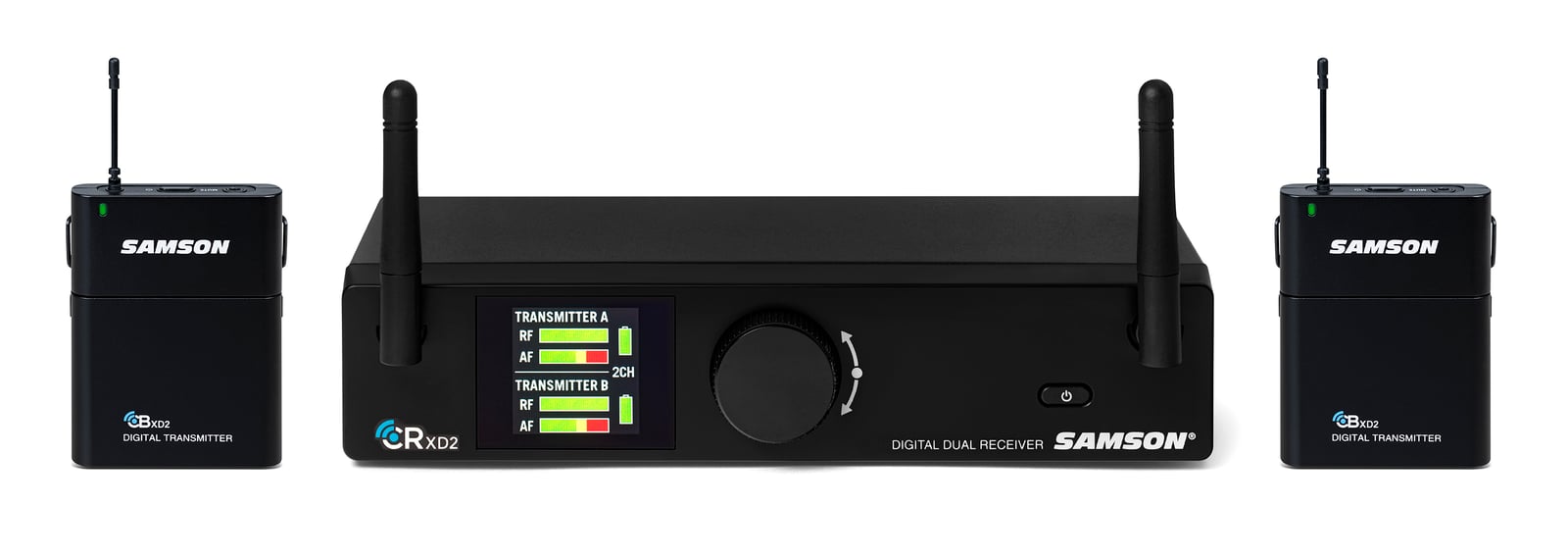 Concert XD2 Receiver and Beltpack Transmitters (straight on)