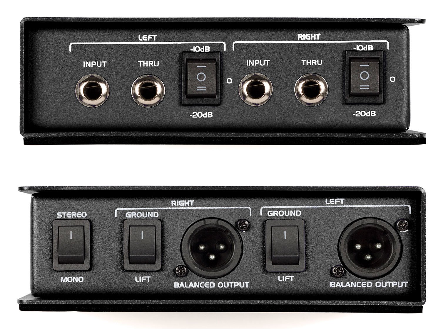 MD2 Pro side panels showing input, thru and output jacks, and attenuator, ground lift, and stereo/mono switches